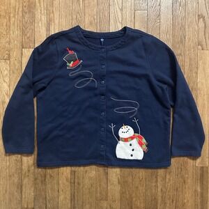 Falls Creek Navy Blue Snowman Top Hat Embroidered Button Up Cardigan XL Holiday